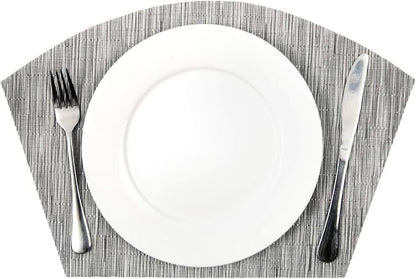 SHACOS Small Round Table Placemats Set of 4 Wedge Placemats Heat Resistant Woven Vinyl Table Mats Wipe Clean (4, Silver Gray)