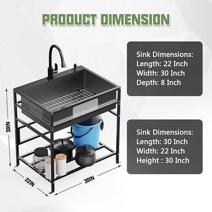 Black 30x22 Inch Freestanding Utility Sink-Stainless Steel Laundry Sink Practicality With Accessories Black Stainless Faucet,Soap Dispenser, SS Sink Grid For Laundry,Garage,Outdoor Kitchen,Garden...