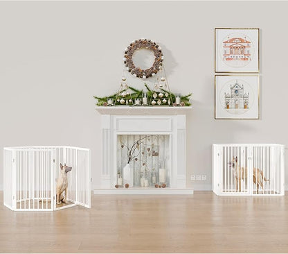 Vantas Folding No-Assembly Metal Pet Gate 120" Wide, 32" Extra Tall Dog Gate with Door Walk Through, Freestanding Accordion Puppy Gate Dog Door for Indoor & Outdoor, with 2PCS Support - White
