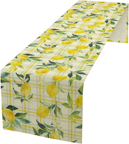 Yellow Plaid Lemon Table Runner Nature Watercolor Plant Countryside Farm Fruit Aesthetic Dining Table Decoration for Home Holiday Party Dresser Kitchen Cabin Restaurant Wedding Decor 13×60in