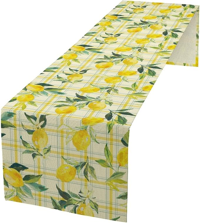 Yellow Plaid Lemon Table Runner Nature Watercolor Plant Countryside Farm Fruit Aesthetic Dining Table Decoration for Home Holiday Party Dresser Kitchen Cabin Restaurant Wedding Decor 13×108in