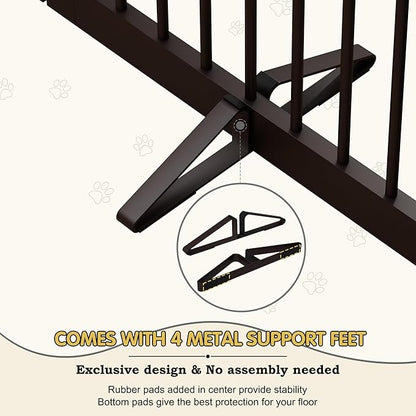 Freestanding Pet Gate with Door, Tall Dog Gate for House, Extra Wide, Pet Puppy Safety Fence, Support Feet Included, 120 Inch Wide, 6 Panels 32" Tall, Brown