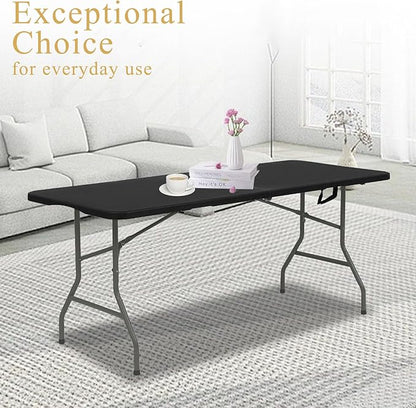 Folding Tables with Carrying Handle Lightweight Rectangular Portable Plastic Camping Table Steel Legs for Party, Dining, Wedding, Events, Picnic Indoor, Outdoor (5FT, Black)