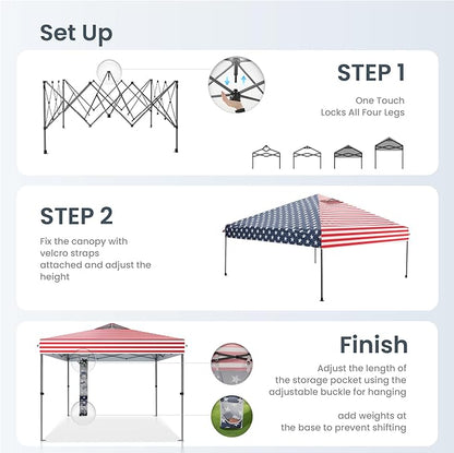 PHI VILLA 10x10 Pop Up Canopy Tent - One Push Setup, Instant Shade Tent with Vented Roof for Beach & Events - Includes Storage Bag, Sandbags, Stakes & Ropes (American Flag)