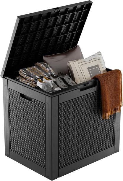 31 Gallon Wicker Pattern Resin Deck Box, Lockable Patio Outdoor Storage Box for Furniture, Garden Tools and Tools Storage, Waterproof Outside Storage Box - Black