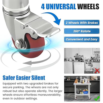 Stainless Steel Table for Prep & Work with 4 Caster Wheels with Adjustable Undershelf 24 x 30 NSF Metal Commercial Kitchen Worktable for Restaurant Home Outdoor