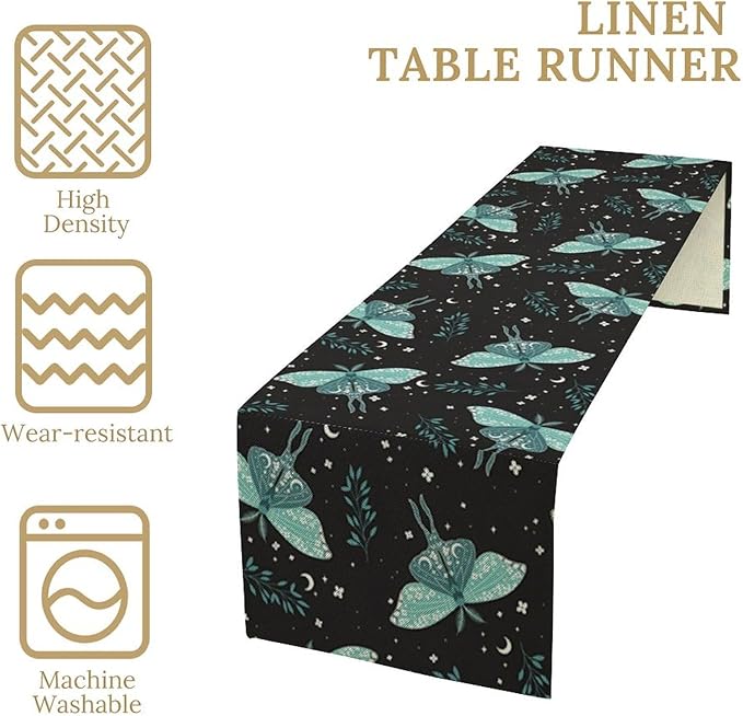 Butterfly Moth Table Runner, Boho Moon Green Leaves Plant Print Table Runner for Farmhouse Kitchen Dining Table Holiday Party Home Decor 13x70in