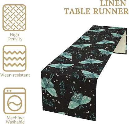 Butterfly Moth Table Runner, Boho Moon Green Leaves Plant Print Table Runner for Farmhouse Kitchen Dining Table Holiday Party Home Decor 13x70in