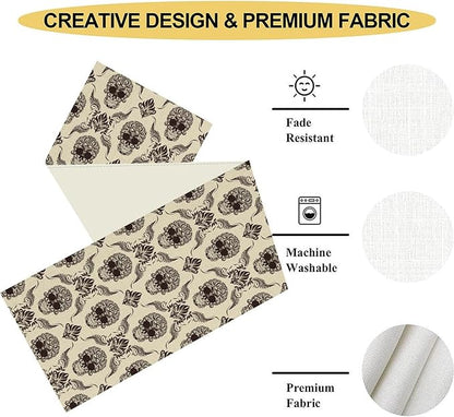 Gothic Table Runner, Retro Antique Damask Skull Pattern Classic Halloween Boho Black Coffee Vintage Table Center Decor for Kitchen and Dining Outdoor Home Country Party Table Decorations, 13"x36"