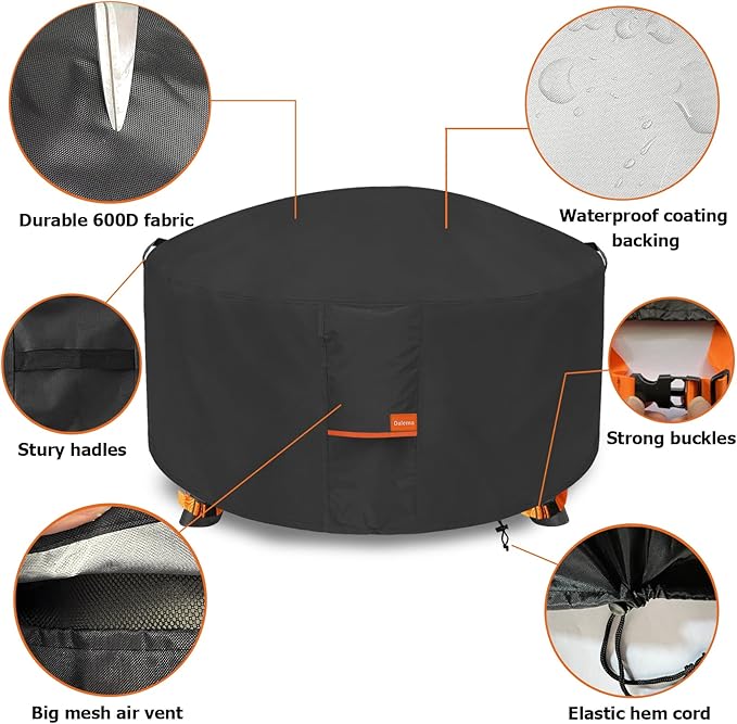 Fire Pit Cover,Outdoor Heavy Duty 600D 100% Waterproof Fire Pit Cover Round,Weatherproof Firepit Covers Round 42" Dia x 24" H,Black