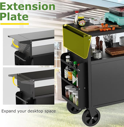 Outdoor Grill Table,Metal Grill Cart with Storage,Outdoor Bar Cart with Extension Plnel for Kitchen Prep,Patio BBQ