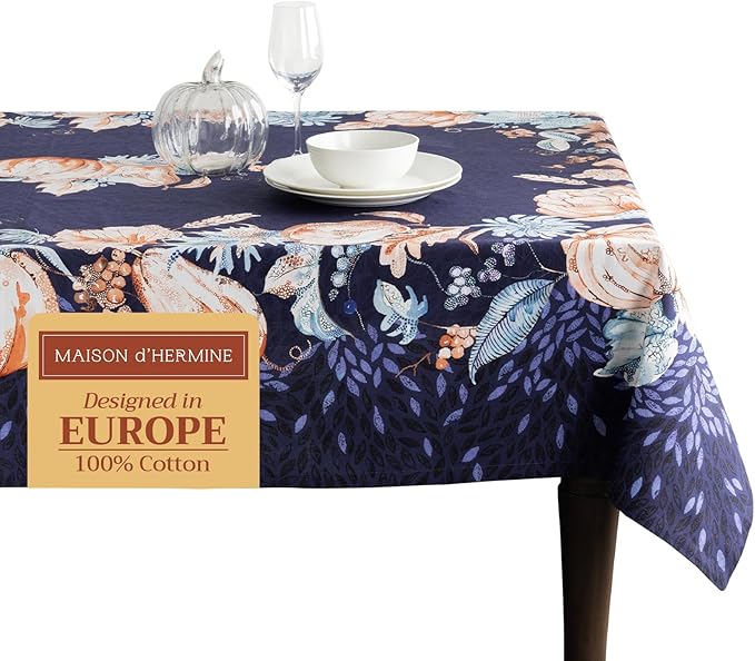 Maison d' Hermine Table Cloth Rectangle Table 100% Cotton 60 x 90 Inches Fall Tablecloth Reusable Everyday Use for Thanksgiving Christmas Decorations Dining Farmhouse Party (Pumpkin Blues)