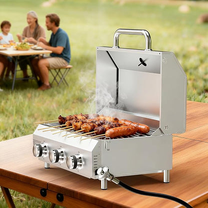 Bestfire 3-Burner Tabletop Gas Grill with Dual Connections, 30,000 BTU Portable Propane Grill Fits Large Cylinders & Small Canisters, Stainless Steel Knobs, Compact Design for Camping, RV, BBQ