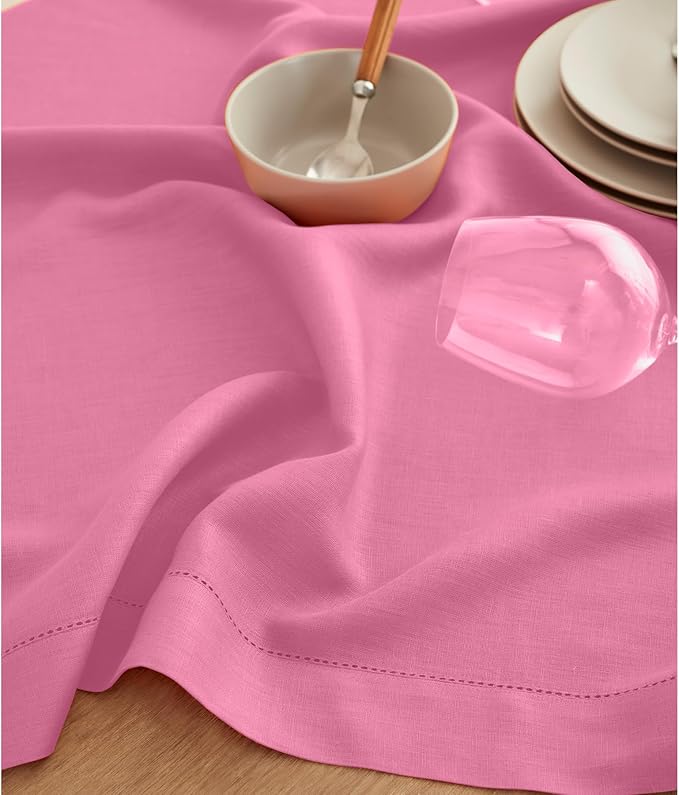 Solino Home Linen Flamingo Pink Table Runner 132 Inches Long - 100% Pure Linen Extra Long Table Runner 14 x 132 Inch for Valentines, Spring, Easter - Classic Hemstitch