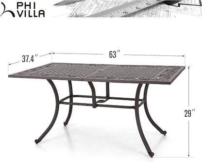PHI VILLA Cast Aluminum Rectangular Patio Dining Tables for 6 Person, 64" x 37" Engraved Cast-Top Aluminum Table with 2.3" Umbrella Hole, Lawn Garden Tables for All Weather