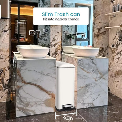 12 Gallon Slim Kitchen Trash Can, Rectangular Trash Can with Removal Inner Bucket and Soft-Close Lid, Foot Pedal, Stainless Steel Garbage Can 45 Liter, White