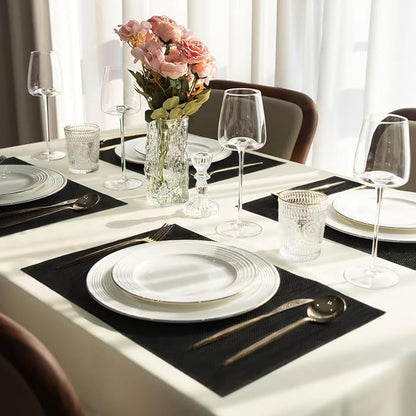 Placemats Set of 6 Vinyl/Plastic Woven Place Mats for Kitchen Table Indoor/Outdoor Washable Placemat Wipeable Dining Table Mats (Full Black,6)