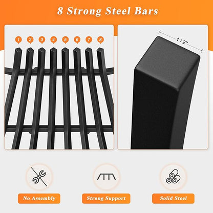 Fireplace Grate 24 Inch with 8 Support Legs, Solid Steel Heavy Duty Fireplace Log Holder with Fire Log Tongs & Fire Poker, Fireplace Log Grate for Indoor Fireplace and Outdoor In-ground Firepit