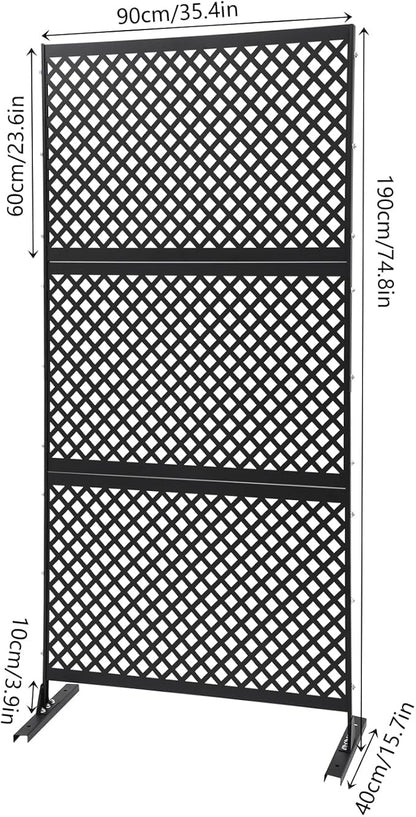 75" H×35" W Decorative Outdoor Privacy Screen with Stand, Outdoor Decor Privacy Fence Screen Metal Fence Panels, Free Standing Metal Divider for Patio Lawn Deck (Black-Small Square)