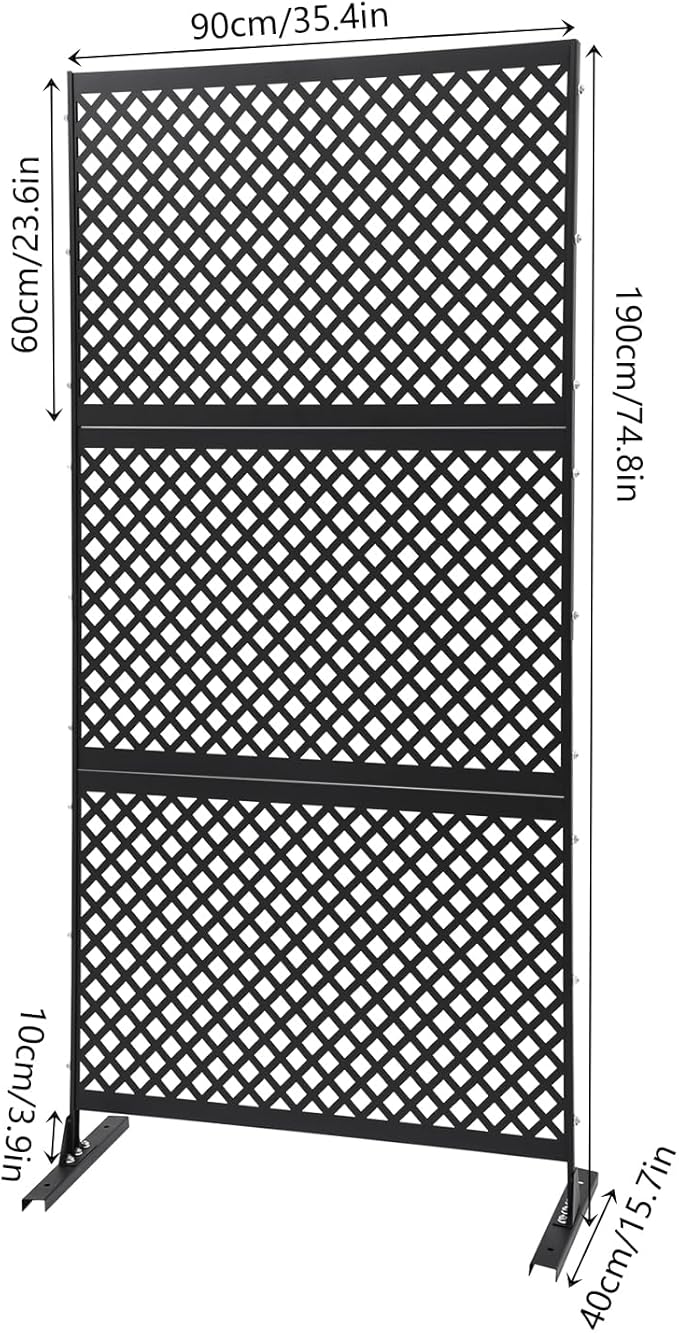 Outdoor Metal Privacy Screen with Stand, 35.4" W x 75" H Freestanding Metal Slatted Decorative Privacy Screen and Panels for Patio Garden Balcony Porch (Black Grill)