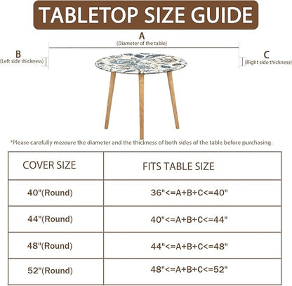 Vintage Floral Round Fitted Tablecloth with Elastic Blue Brown Chinoiserie Flower Circle Table Cloth for 44-48" Round Tables Wipeable Waterproof Elegant Rustic Table Cover for Dining Patio Picnic