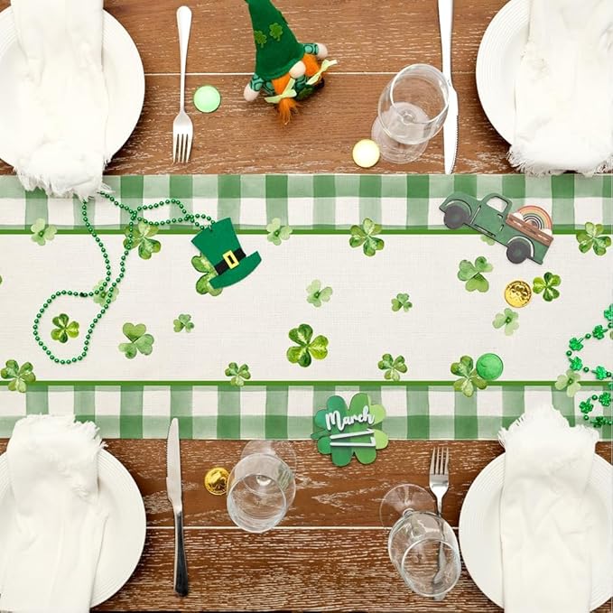 GEEORY St. Patrick's Day Table Runner 13 x 60 Inch, Shamrocks Plaid Mason Jar Decorative Holiday Table Decoration for Kitchen Dinning, Indoor Outdoor Dinner Party Décor GT142-60