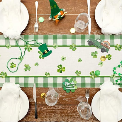GEEORY St. Patrick's Day Table Runner 13 x 72 Inch, Shamrocks Plaid Mason Jar Decorative Holiday Table Decoration for Kitchen Dinning, Indoor Outdoor Dinner Party Décor GT142-72