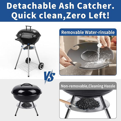 18 Inch Portable Charcoal Grill, Heavy Duty Kettle BBQ Smoker with Built-in Thermometer & Removable Water-Rinsable Ash Catcher for Outdoor Camping, Patio, Backyard, and Tailgating