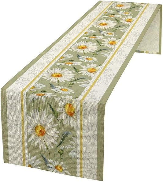 Daisy Flower Table Runner, Summer Watercolor Plants Floral Spring Garden Table Cover for Farmhouse Kitchen Dining Room Party Picnic Table Decor, 13x36inch