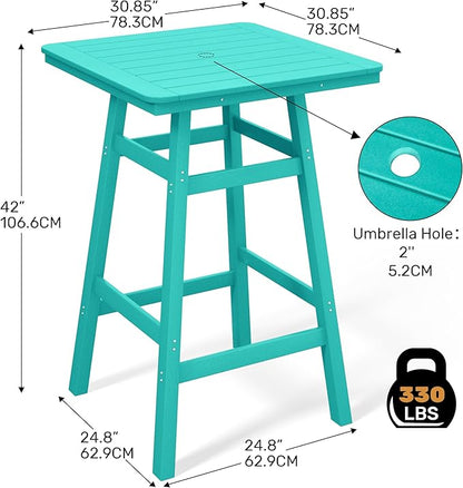Costaelm Outdoor Bar Table, 42" Counter Height Square Patio Cocktail Bar Table with Umbrella Hole, Patio Bistro Dining Pub Table for Front Porch Deck Backyard Garden, Turquoise
