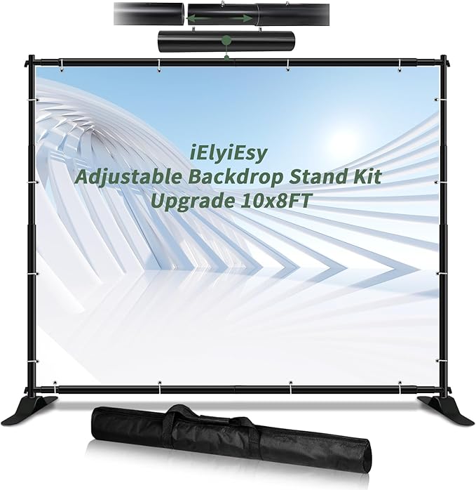 iElyiEsy 10x8FT Strengthen Heavy Duty Thickened and Sturdier Background Stand, Adjustable Step and Repeat Stand with Carrying Bag for Parties Photo Booth Trade Show