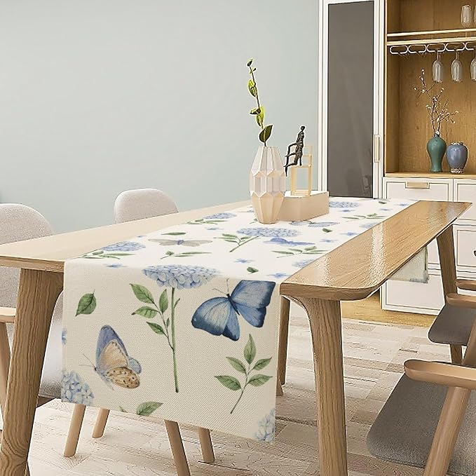 Hydrangea Butterfly Table Runner, Seasonal Spring Summer Table Runner for Holiday Kitchen Dining Home Party Outdoor 13x108in