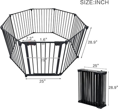 8-Panel Configurable Metal Safety Gate Play Yard - 200" Adjustable Pet Fence with Walk-Through Door for Stairs, Fireplace, Christmas Tree - Indoor Foldable Child Barrier, Black