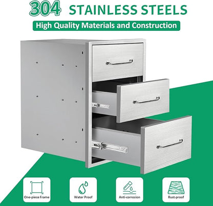 Outdoor Kitchen Drawers 15.7" W x 21.6" H x 17.7" D Stainless Steel Triple Drawers with Ergonomic Handle for BBQ Island, Patio Grill Station & Outdoor Kitchen Cabinets