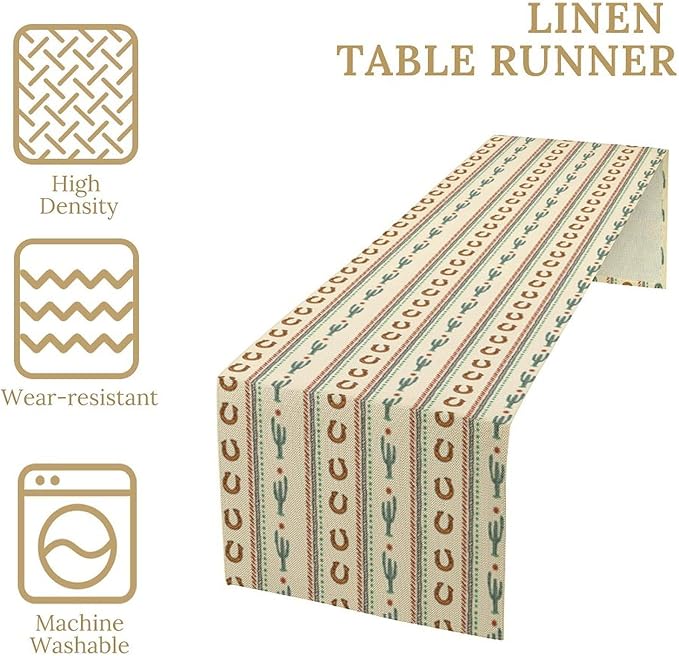 Western Table Runner,Vintage Farmhouse Country Cowboy Horseshoe Cactus Print Table Runner for Kitchen Dining Table Holiday Home Party Decor 13x60in