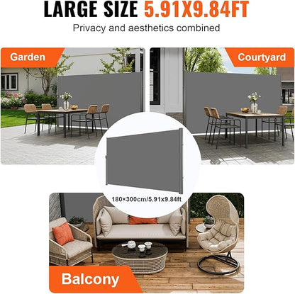 VEVOR Retractable Side Awning, UV 50 71''x118'' Full Aluminum Rust-Proof Outdoor Privacy Screen, 280 g Thicken Folding Room Divider Fence & Wind Screen for Backyard, Balcony, Roof Terraces, Grey