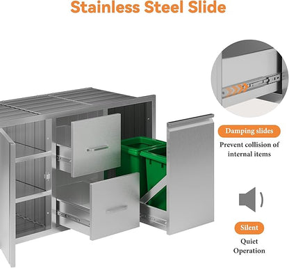 Jocisland Outdoor Kitchen Drawers 41.5" W×23" D×23" H Stainless Steel Drawers for Outdoor Kitchens, Double Drawer & Door Trash Drawer & 3-Tier Cabinet, Built-in BBQ Island Storage