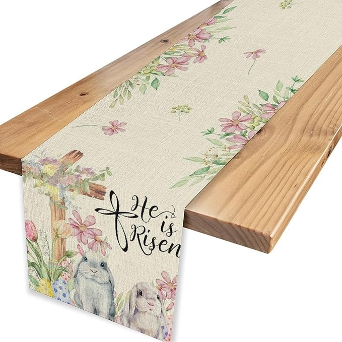 Easter Bunny Rabbits Table Runner,Boho Floral Cross Rabbits Easter Eggs Spring Table Center Decor for Family Kitchen and Living Room Outdoor Farmhouse Party Table Decorations, 13"x108"
