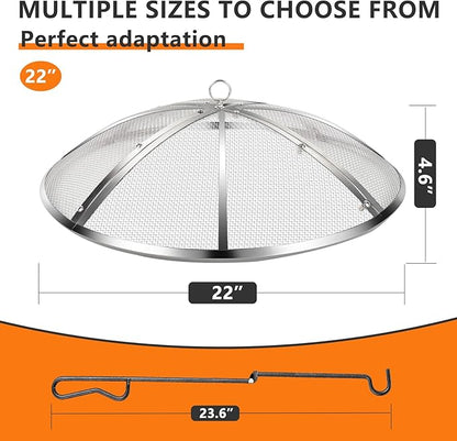 22Inch Fire Pit Spark Screen,Stainless Steel Fire Pit Screen Cover with Handle&Poker,Outdoor Fire Pit Screen Cover Round Mesh Lid Heavy-Duty for Backyard/Beach/RV Camping