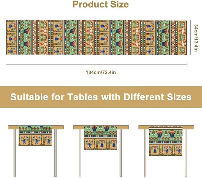 Egyptian Print Table Runner, Egyptian Ornament Scarab Flower Abstract Design Table Runner for Dining Kitchen Party Outdoor Holiday 13x108in