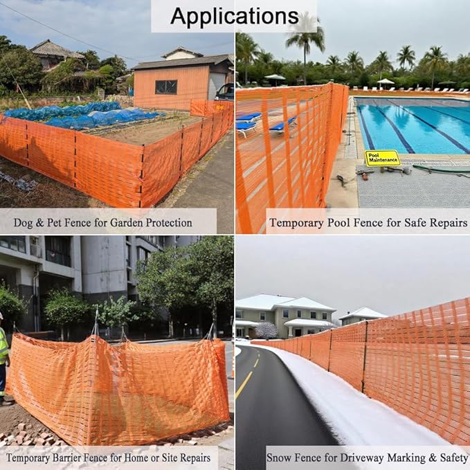 4x100 FT Orange Safety Fence, Plastic Mesh Roll for Temporary Barrier Use in Construction Sites, Snow Fencing Driveway Marking, Ski Trails, Crowd Control & Nighttime Emergency Warning