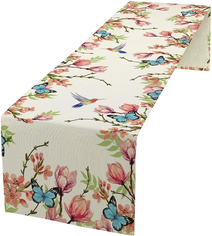 Spring Flower Table Runner, Seasonal Rustic Garden Flowers Bird Butterfly Print Table Runner for Home Kitchen Table Decor, 13x36inch