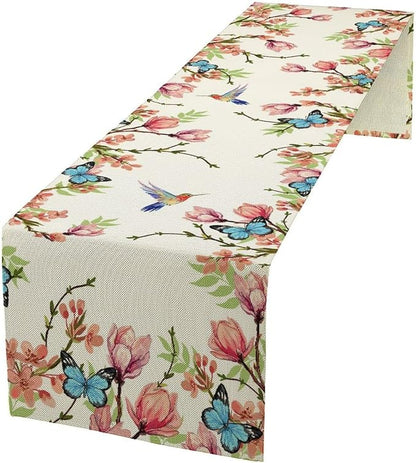 Spring Flower Table Runner, Seasonal Rustic Garden Flowers Bird Butterfly Print Table Runner for Home Kitchen Table Decor, 13x70inch
