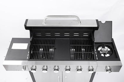 6-Burner Gas Grill with Side Burner, 65850 BTU Outdoor BBQ Grill, 620 sq in Cooking Area with Cast Iron Grates, Enameled Steel Lid & Built-in Thermometer for Patio, Garden, Family Gatherings