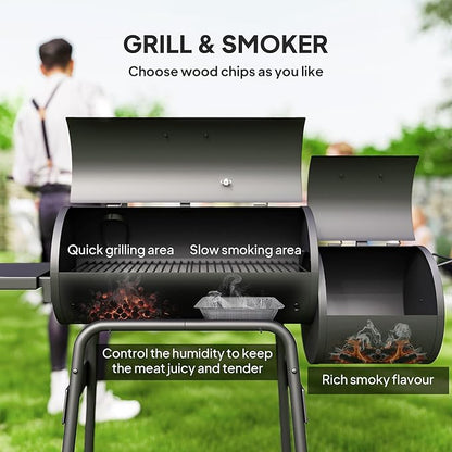 Outsunny 48" Portable Barrel Charcoal BBQ Grill, Steel Outdoor Barbecue Smoker with 232 Square Inches Cooking Space, Storage Shelf, Wheels for Garden Camping Picnic, Black