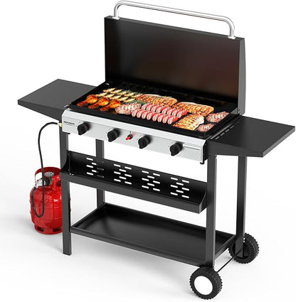 ROVSUN 4 Burner Portable Propane Griddle with Enameled Tray & Lid, 40000 BTU Rolling Flat Top Gas Grill with Electronic Ignition, Side Shelves & Regulator for Outdoor Cooking Camping BBQ Tailgating