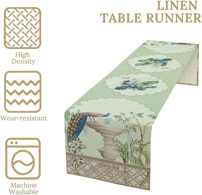 Blue Peacock Table Runner,Vintage Rustic Fountain Tropical Plant Peacock Feather Green Table Center Decor for Family Kitchen and Living Room Outdoor Farmhouse Party Table Decorations, 13"x108"