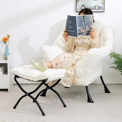 HollyHOME 15"(H) Folding Footrest Stool, Upholstered Small Foldable Ottoman, Accent Padded Sofa Foot Stool for Lazy Chair, Metal Portable Foot Rest Ottoman for Living Room, Bedroom, Faux-Fur White