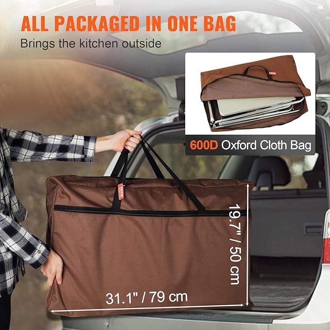 VEVOR Camping Kitchen Table, Folding Outdoor Cooking Table with Storage Carrying Bag, Aluminum Cook Station 3 Cupboard & Detachable Windscreen, Quick Set-up for Picnics, BBQ, RV Traveling, Brown