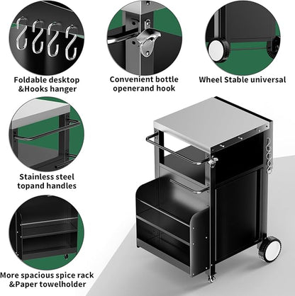 ROOMTEC Outdoor Grill Cart with Storage,Movable Modular BBQ Cart,Waterproof Patio Kitchen Island with Hooks and Spice Rack,Bar Patio Kitchen Island Prep Stand Cabinet with Cover